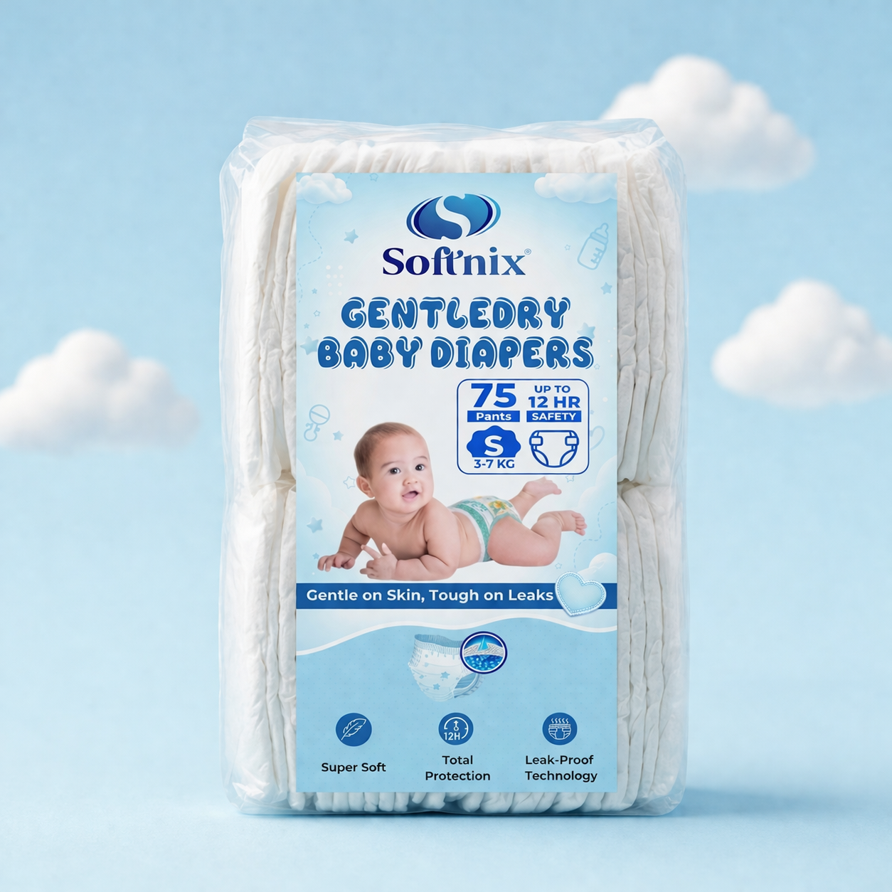 Sofnix GentleDry Baby Diapers Pants S Size (3–7 kg) – 75 Pieces, 12 Hr Protection